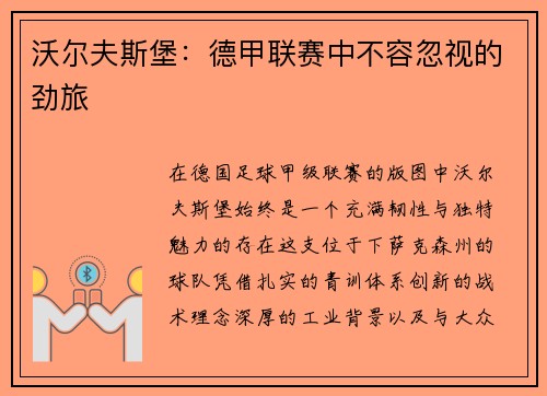 沃尔夫斯堡：德甲联赛中不容忽视的劲旅